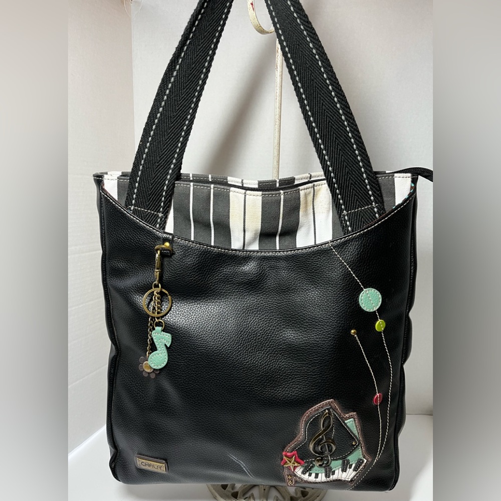 Chala Piano/Music Black Zipped Tote Handbag